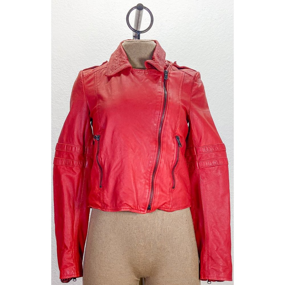 NWT 100% Genuine Leather Zara Red Moto Multi Zip High Collar Jacket
